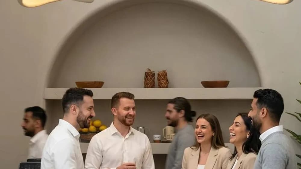 Seven people in business clothes laughing and talking over coffee at a counter under a plaster arch with shelves of wooden bowls