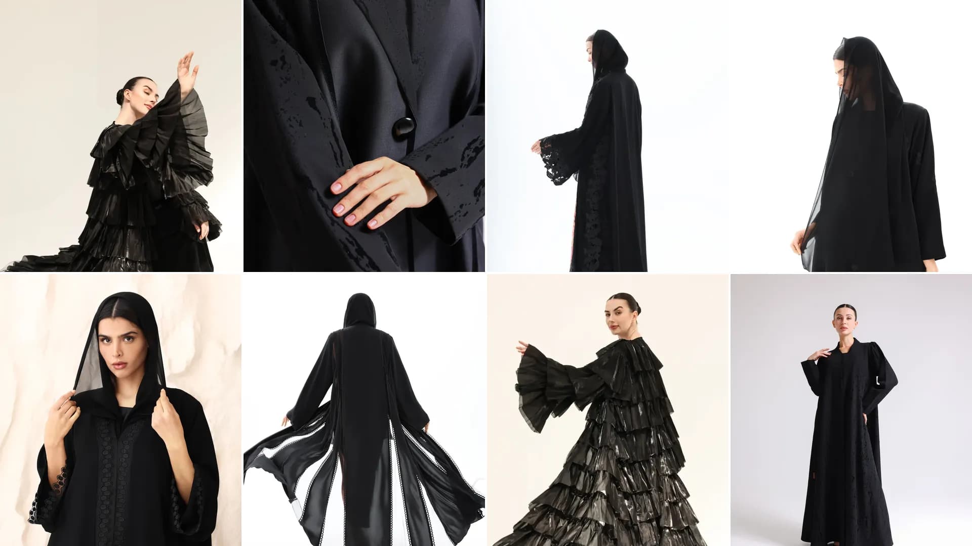 Eight photos from abaya shoots at BlueSky Studio in two rows of four: ruffled and embroidered black abayas, sheer veils and a flowing back view