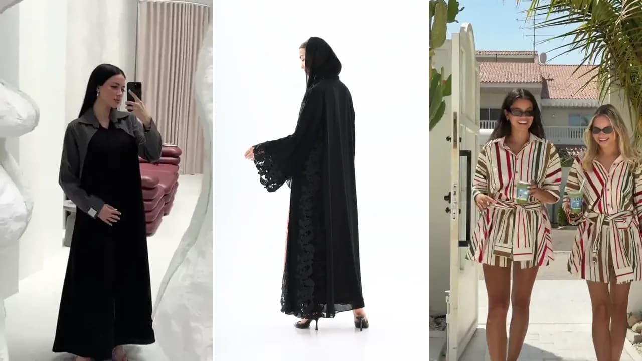 Three frames side by side: a phone mirror selfie of a woman in a black abaya and a grey overshirt, a studio shot of a model in a black lace-trimmed abaya against a white backdrop, and two women in matching striped shirt dresses walking out of a villa gate
